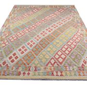 Tapis Kilim afghan multicolore : tissage plat contemporain en laine à rayures 296 x 202 cm