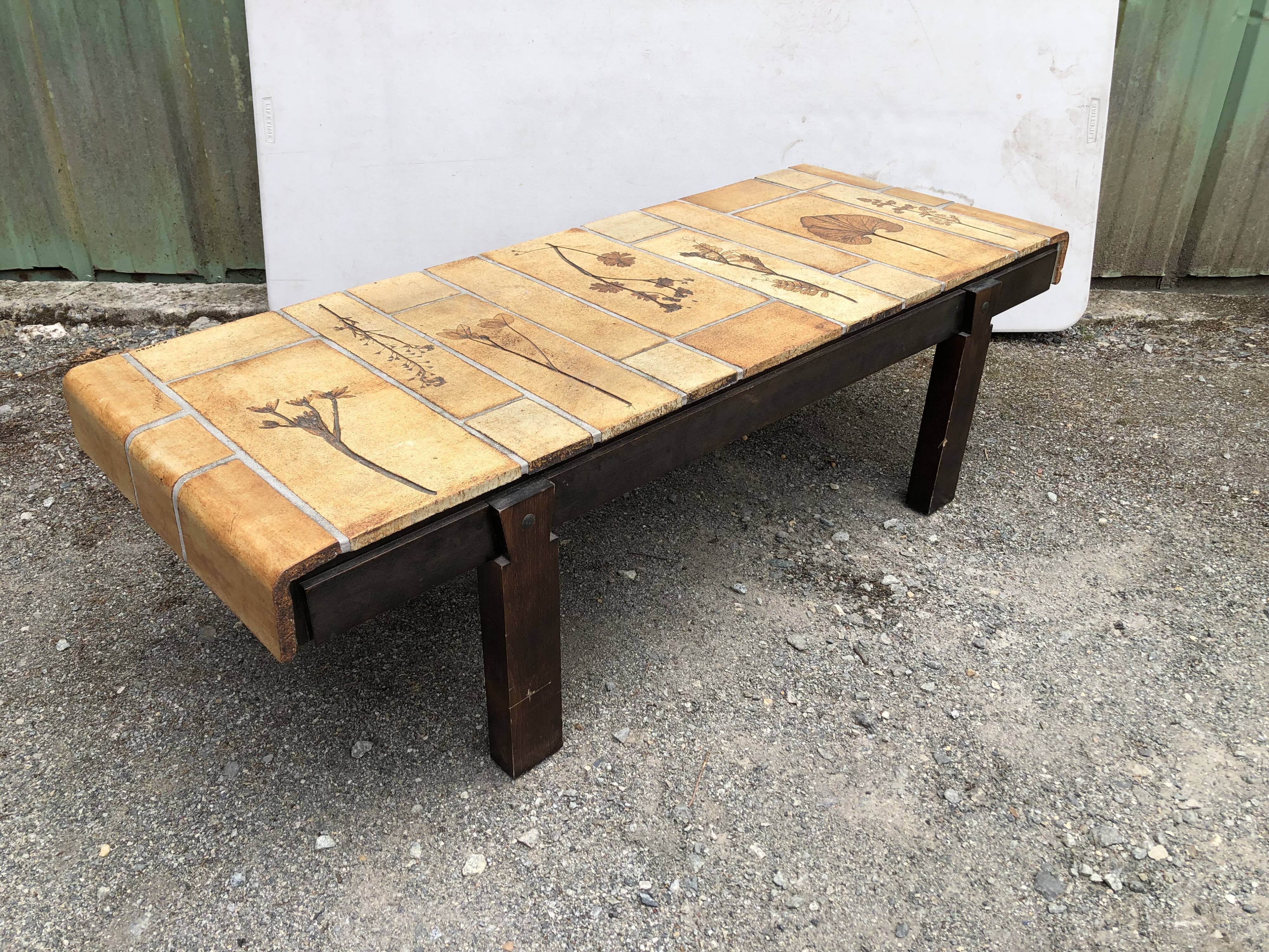 Vintage ceramic coffee table with herbarium decorations by Roger Capron, solid beech base.