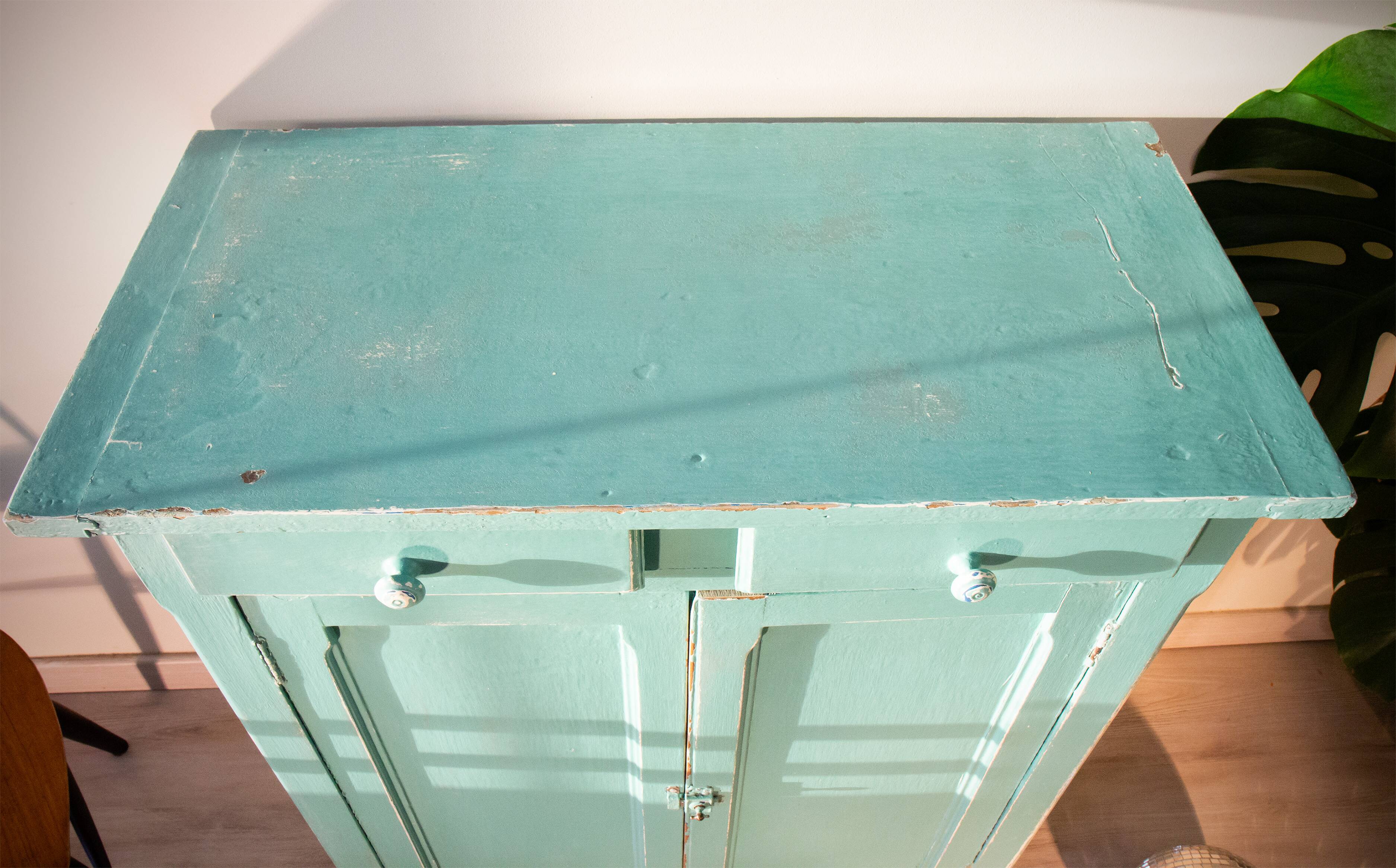 Parisian water green sideboard, patinated wood, 1950