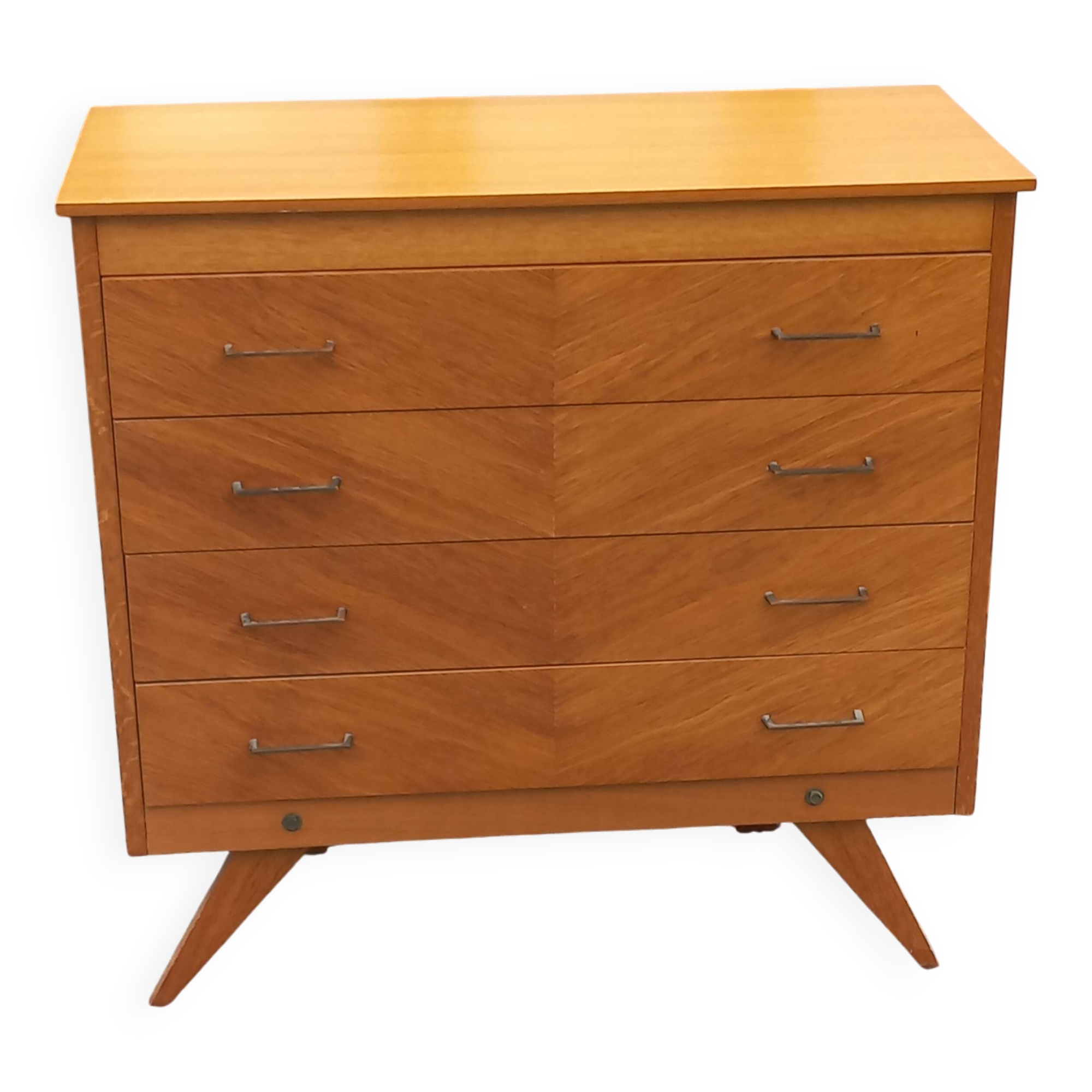 Vintage chest of drawers in blond and golden oak, compass legs and 4 drawers, 1950s