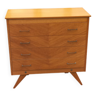 Vintage chest of drawers in blond and golden oak, compass legs and 4 drawers, 1950s