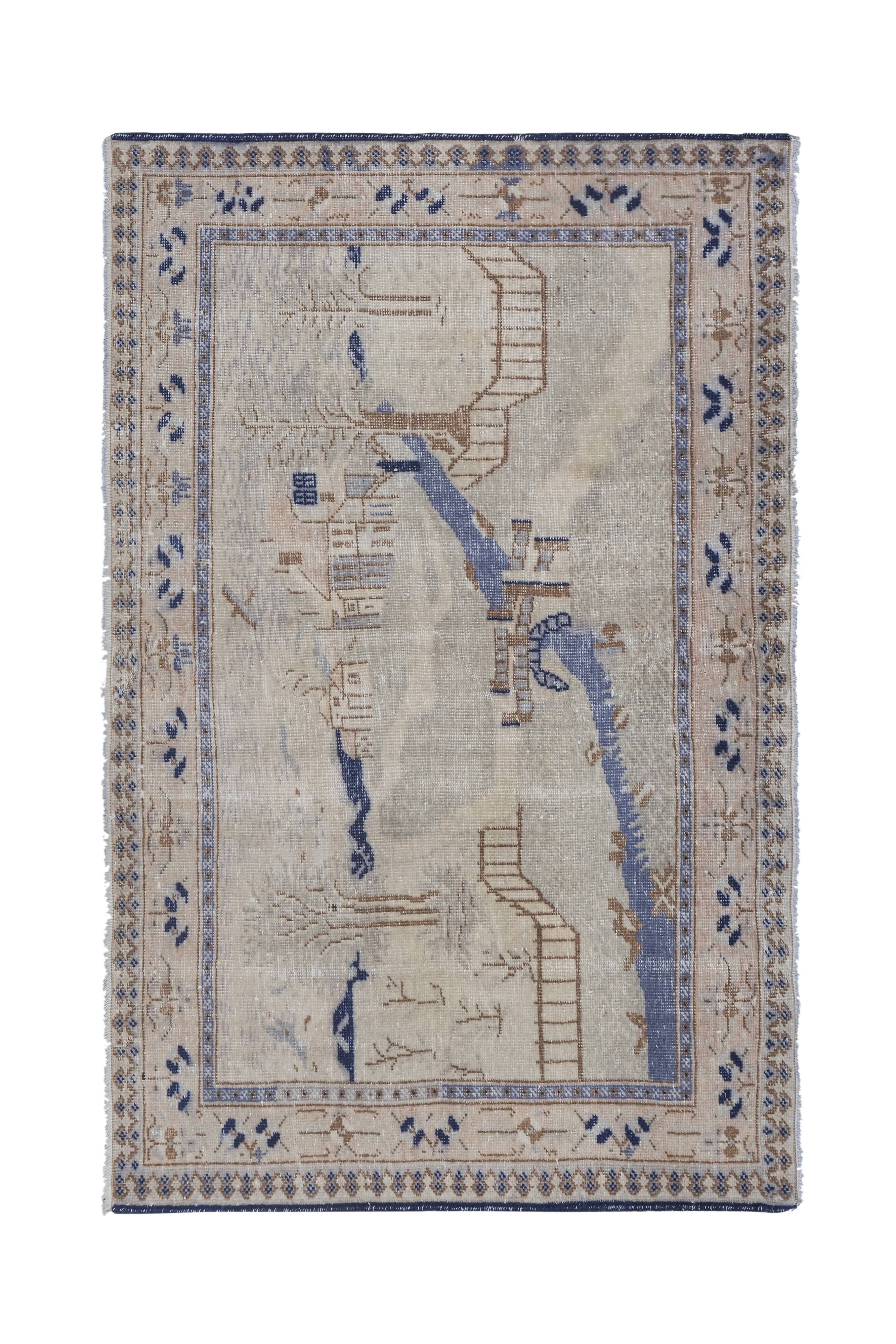 Shabby chic vintage turkish village pictorial rug 3'7'' x 5'4''