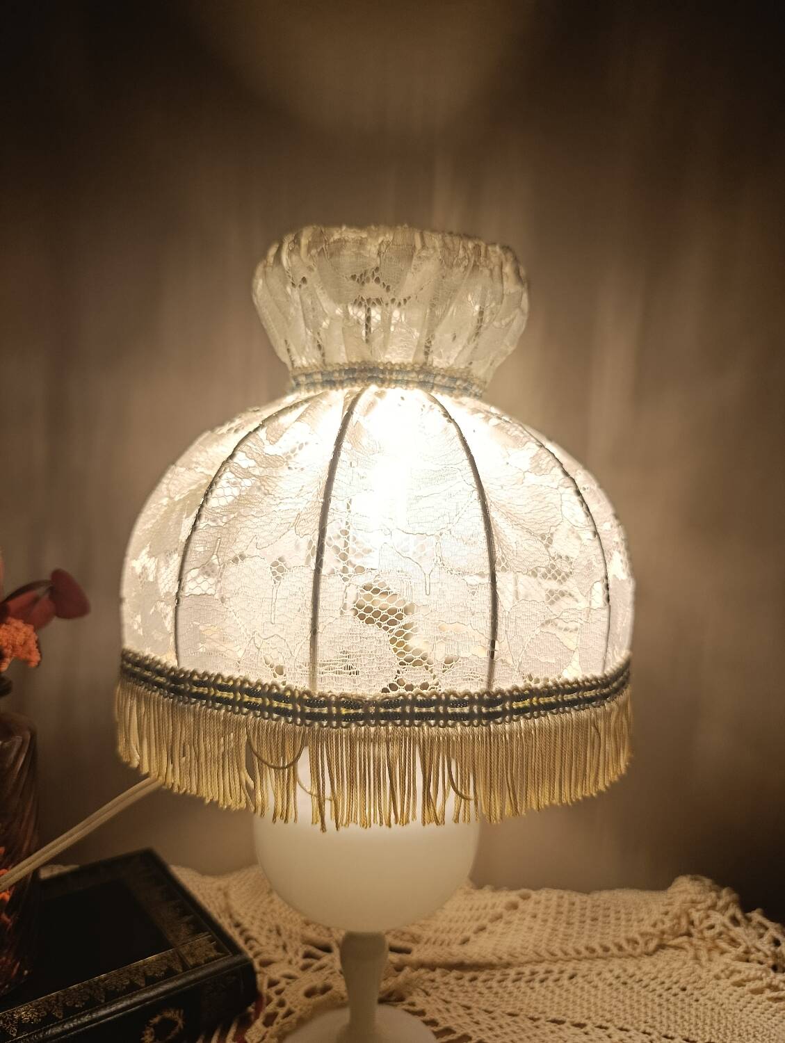white bedside lamp with lace and opaline bohemian chic