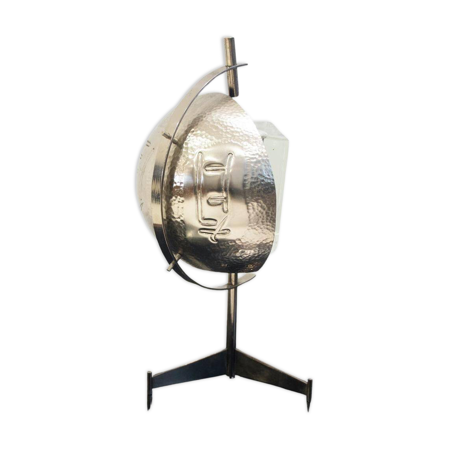 Metal table lamp with triangular glass light on tripod stand, 1970s.