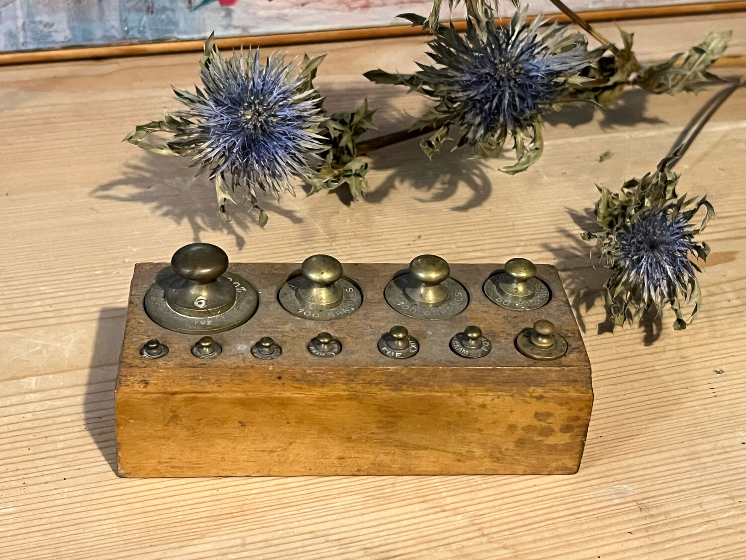 Complete series of brass weights for scales