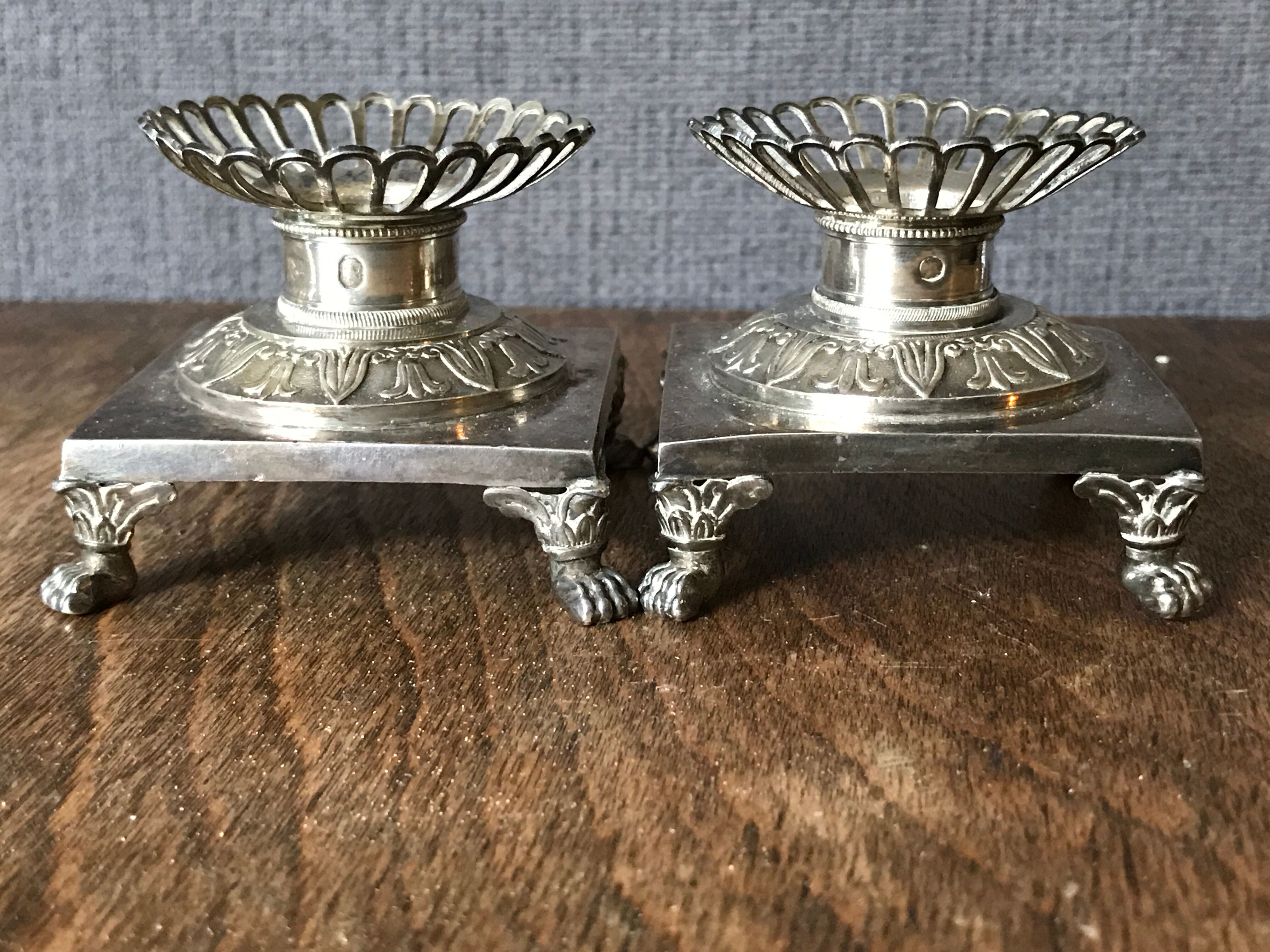 Pair of salt pans, solid silver salt shakers and Crystal Hallmark Rooster XIX