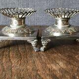 Pair of salt pans, solid silver salt shakers and Crystal Hallmark Rooster XIX