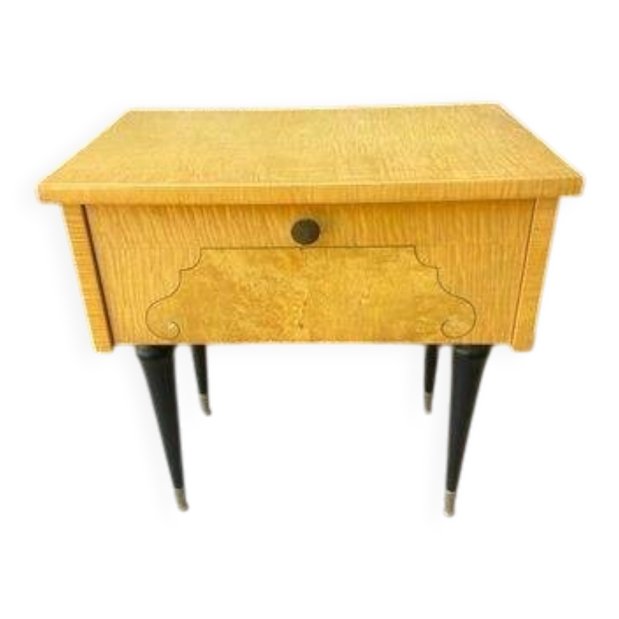Vintage wooden bedside table from the 50s-60s with black tapered legs and brass tips.