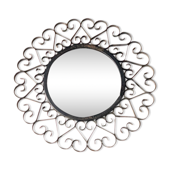 Miroir rond en métal noir, années 60 - 28cm