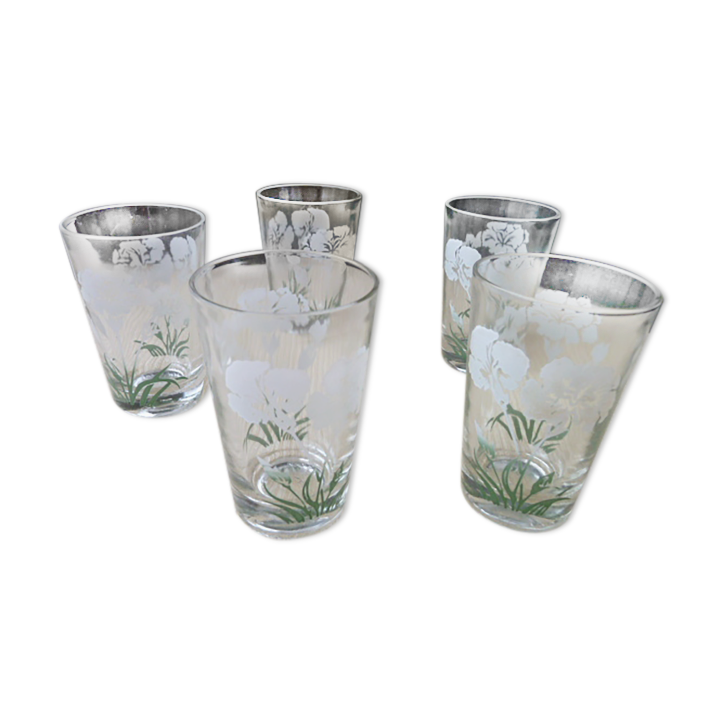 Set of 5 old glasses cups screen-printed décor signed SN Souchon Neuvesel