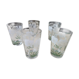 Set of 5 old glasses cups screen-printed décor signed SN Souchon Neuvesel