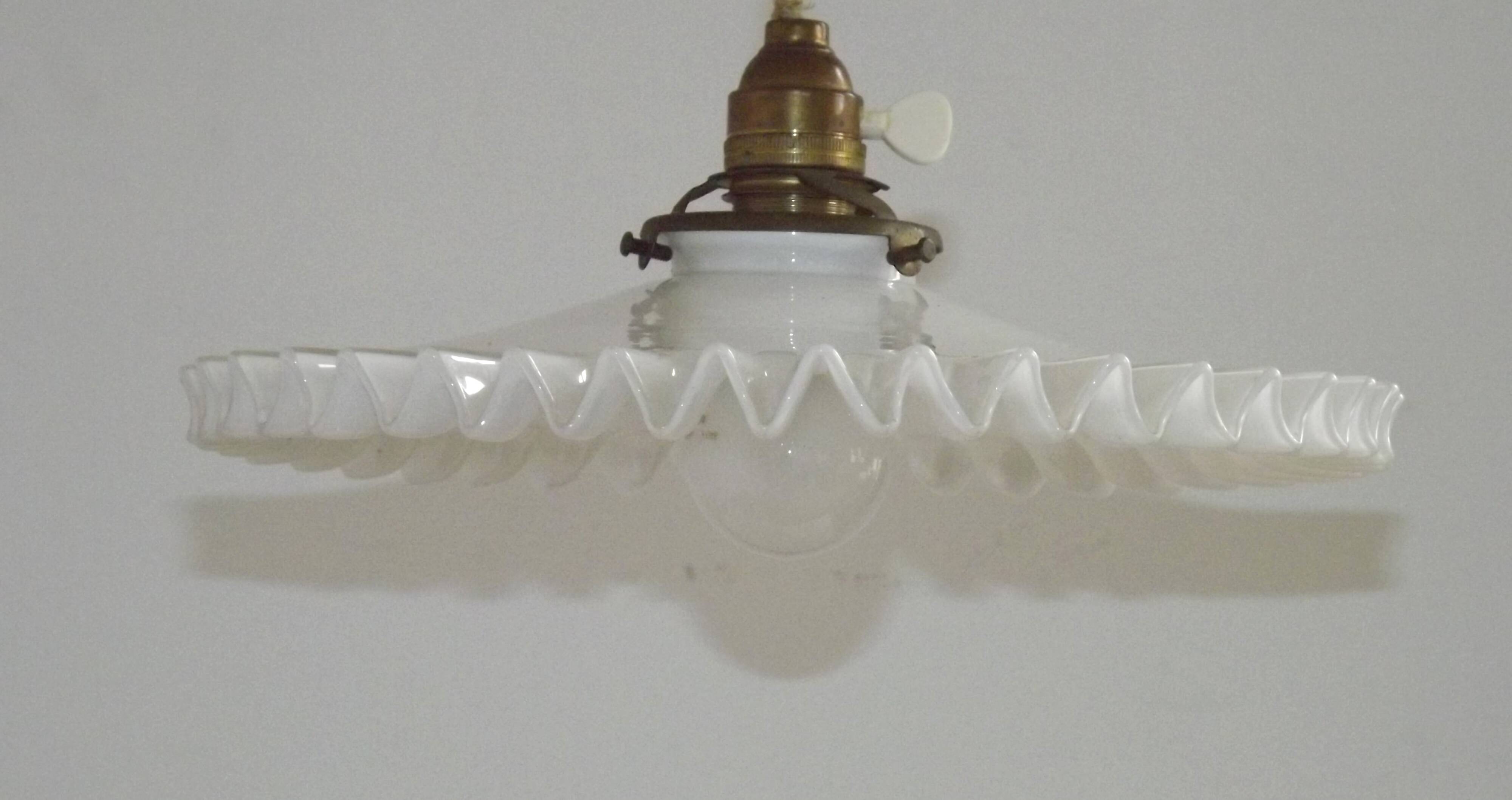 Vintage French Rise & Fall Counterbalance Ceiling Light Opaline Glass Shade