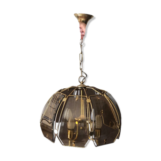 Suspension chandelier Vintage brass and smoked glass
