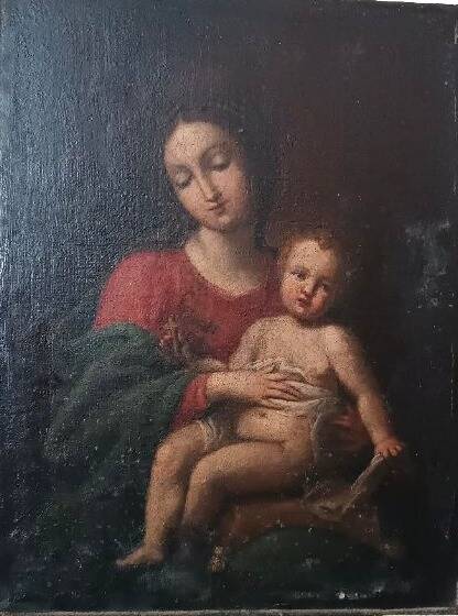 Old painting, oil on canvas, Virgin with Child