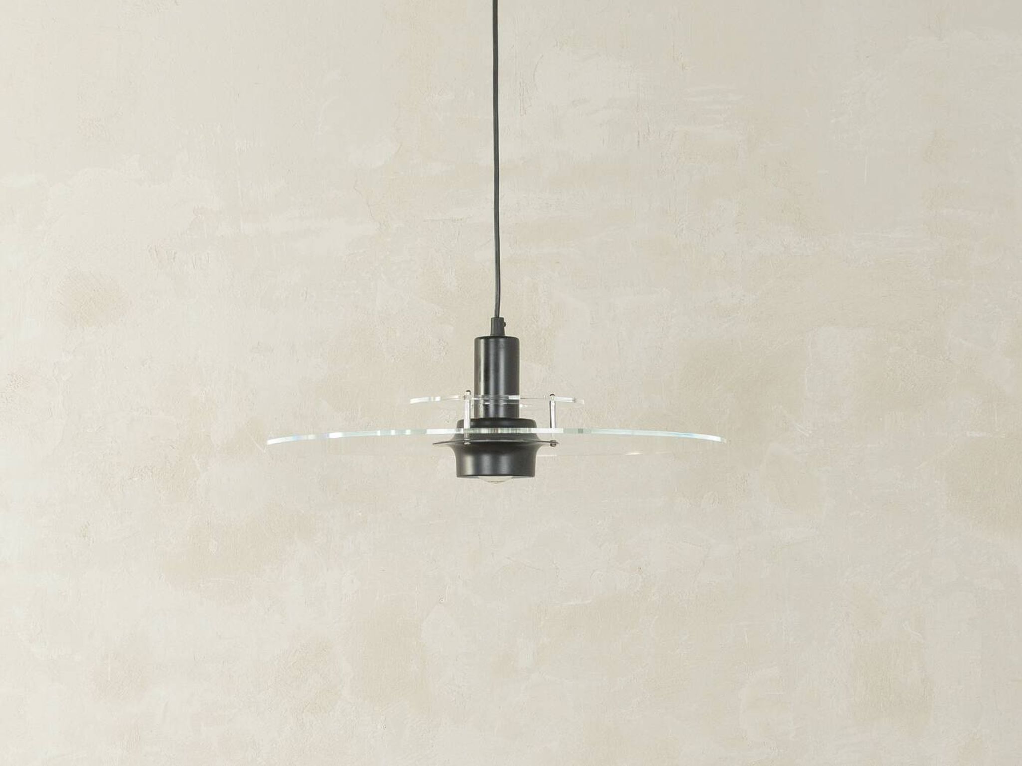 Space Age ceiling lamp by Ikea from the 1980s with two plexiglass plates and canopy made of black injection-moulded plastic.