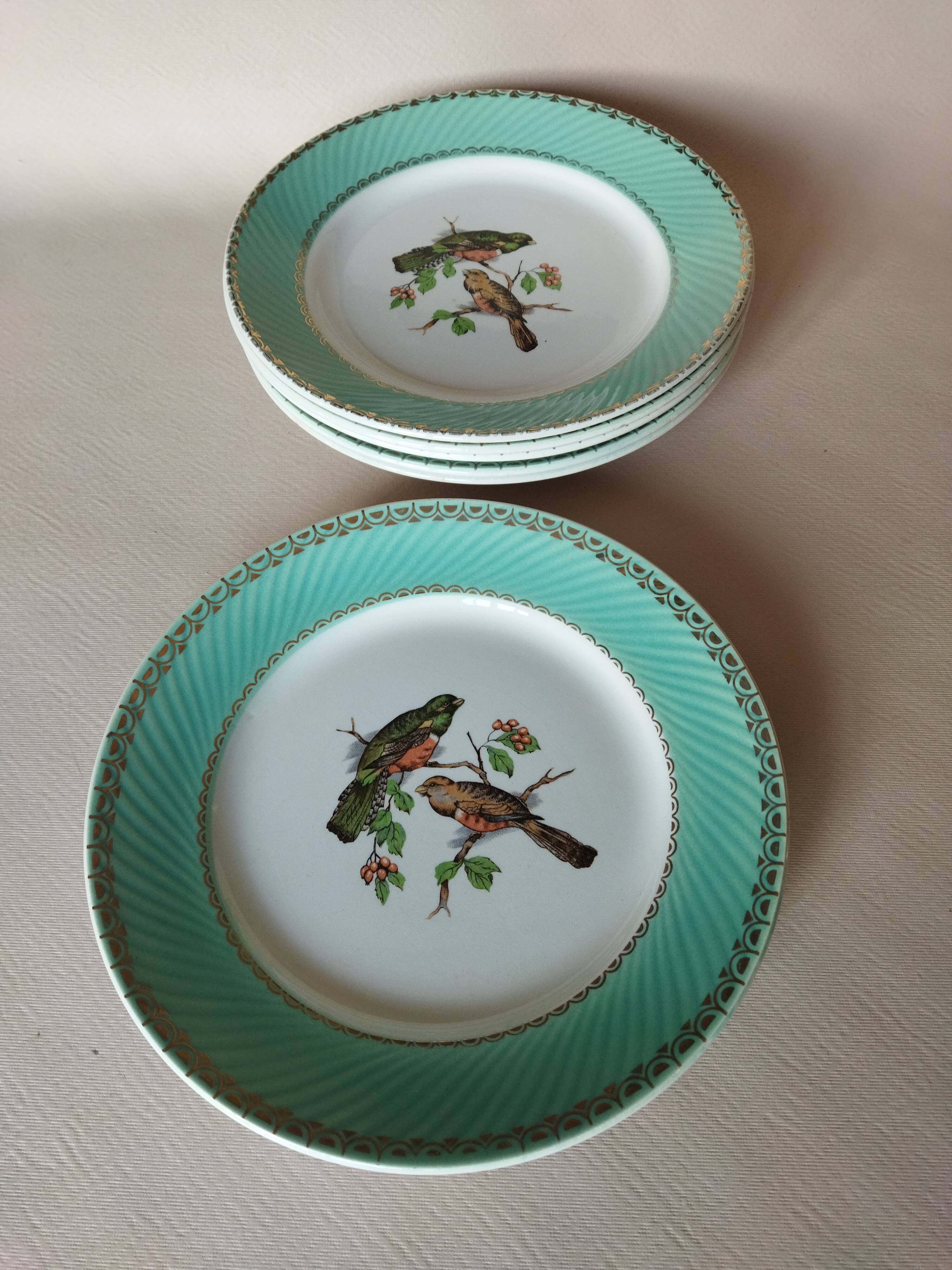 6 assiettes plates Fenal Badonviller "Oiseaux" vintage années 1950
