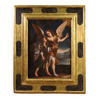 Antique Italian painting from the 17th century, Tobias and the Angel