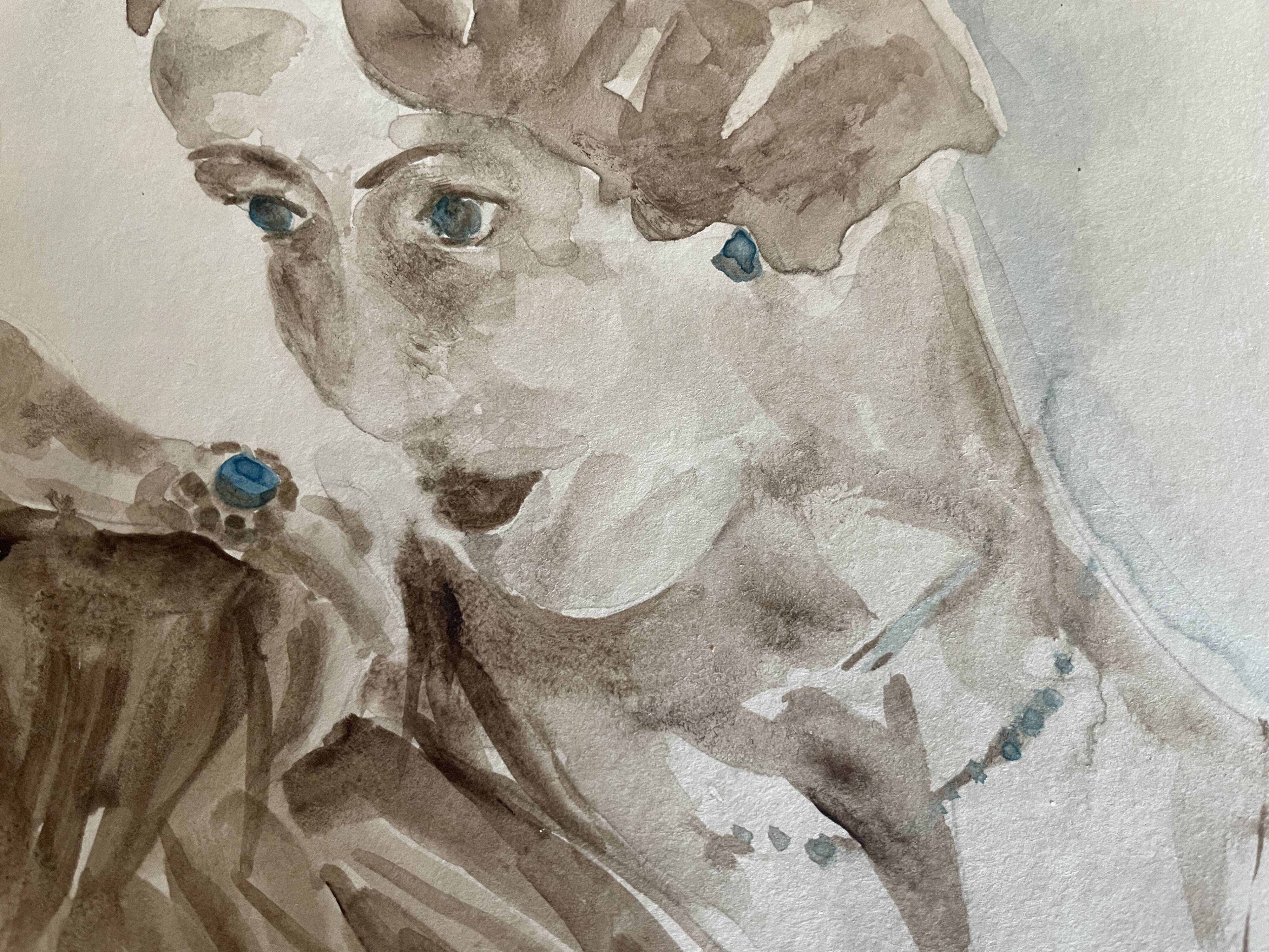 Watercolor painting signed female portrait “sapphire ring”