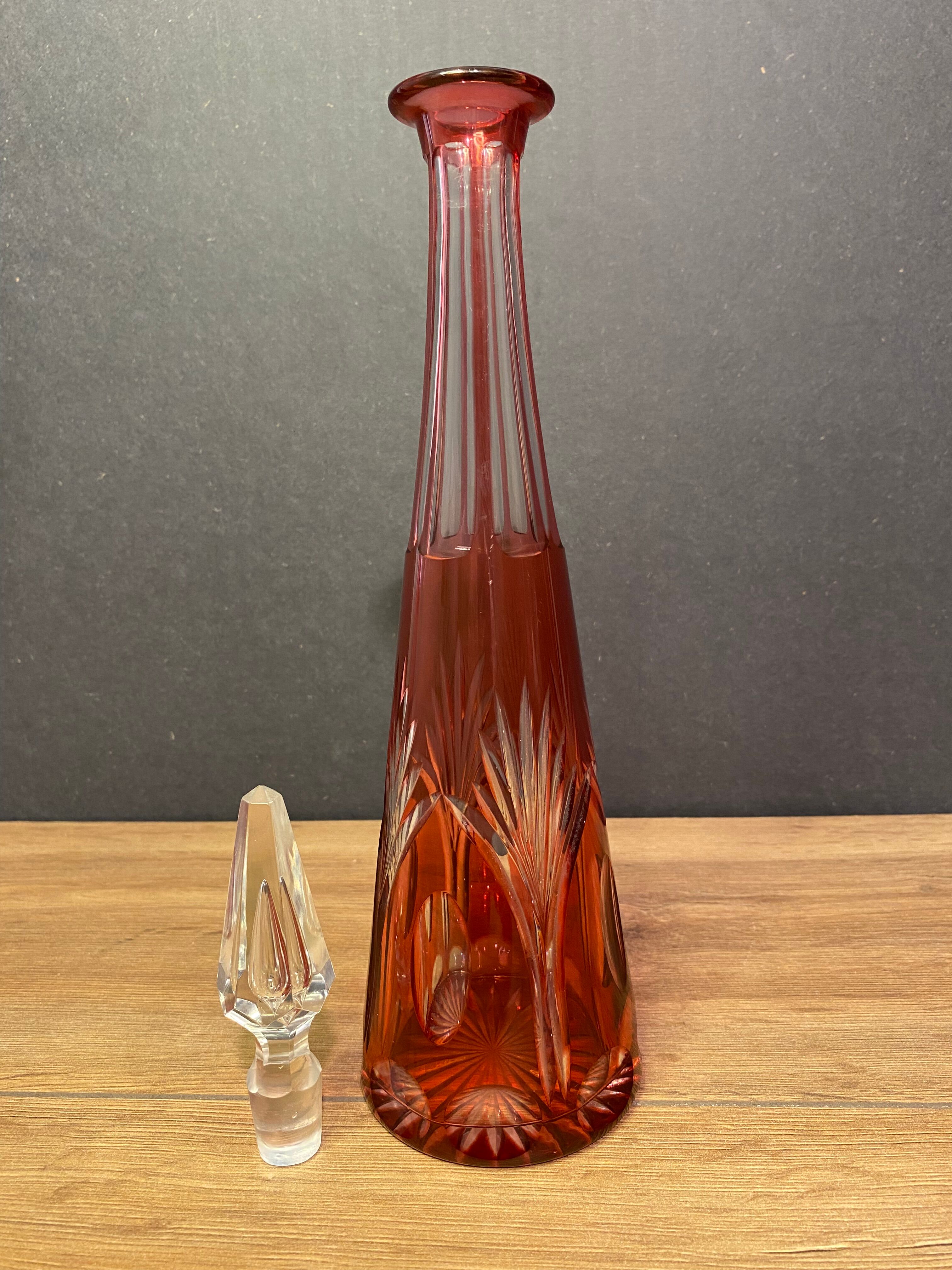 Piriform decanter in cut and tinted red crystal Overlay, Baccarat, Saint Louis