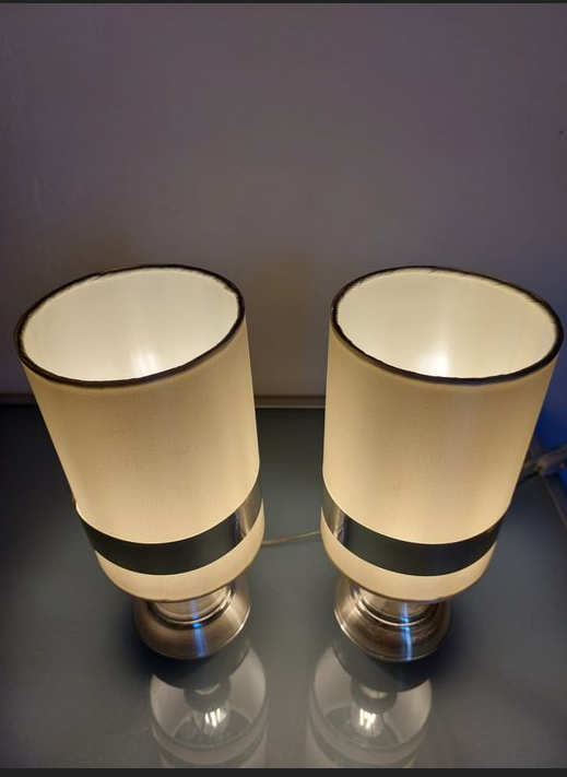 Pair of space-age lamps in aluminum and fabric from the 1970s - 1980s
