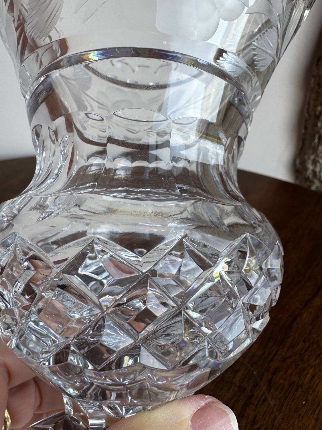Cut and engraved crystal vase – vintage floral decoration