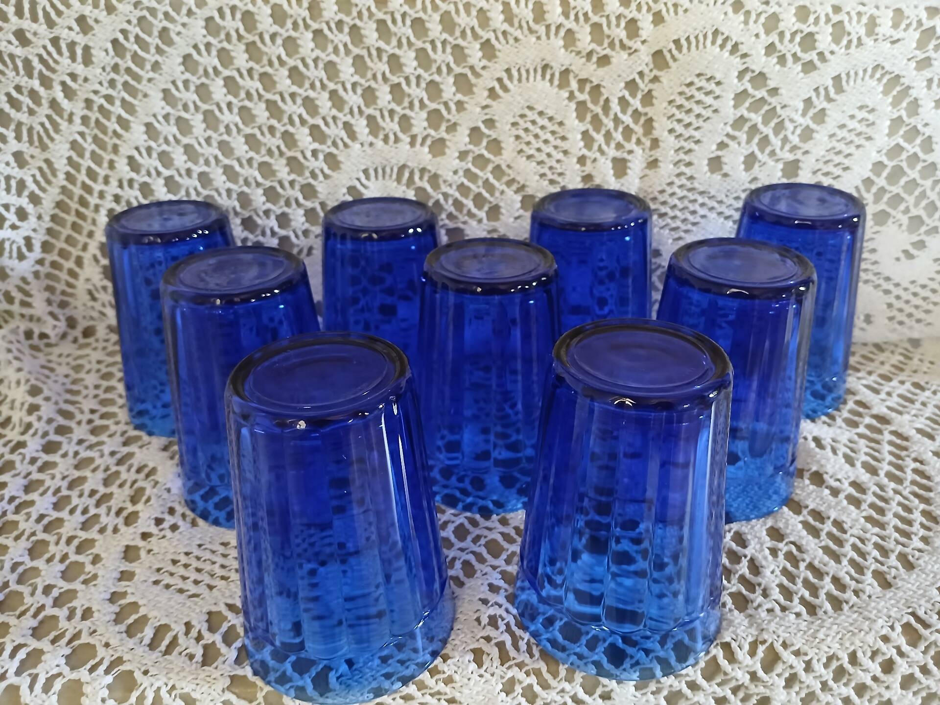 9 antique cobalt blue water glasses