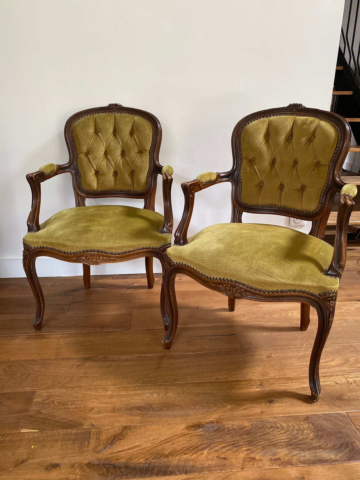 Cabriolets or Bergère armchairs Louis XV style in light green upholstered velvet