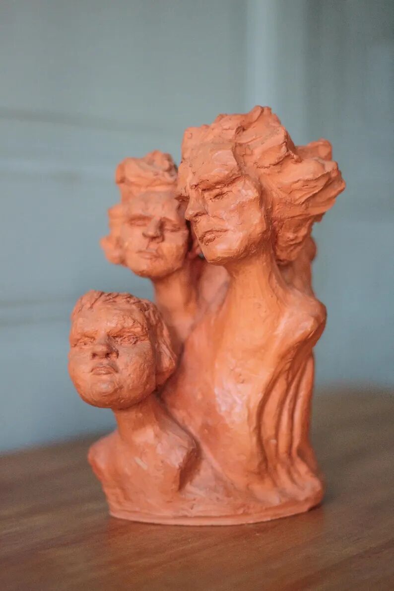 Sculpture signed Doloire, terracotta sculpture with 3 faces, candlestick sculpture, collection, interior decoration.