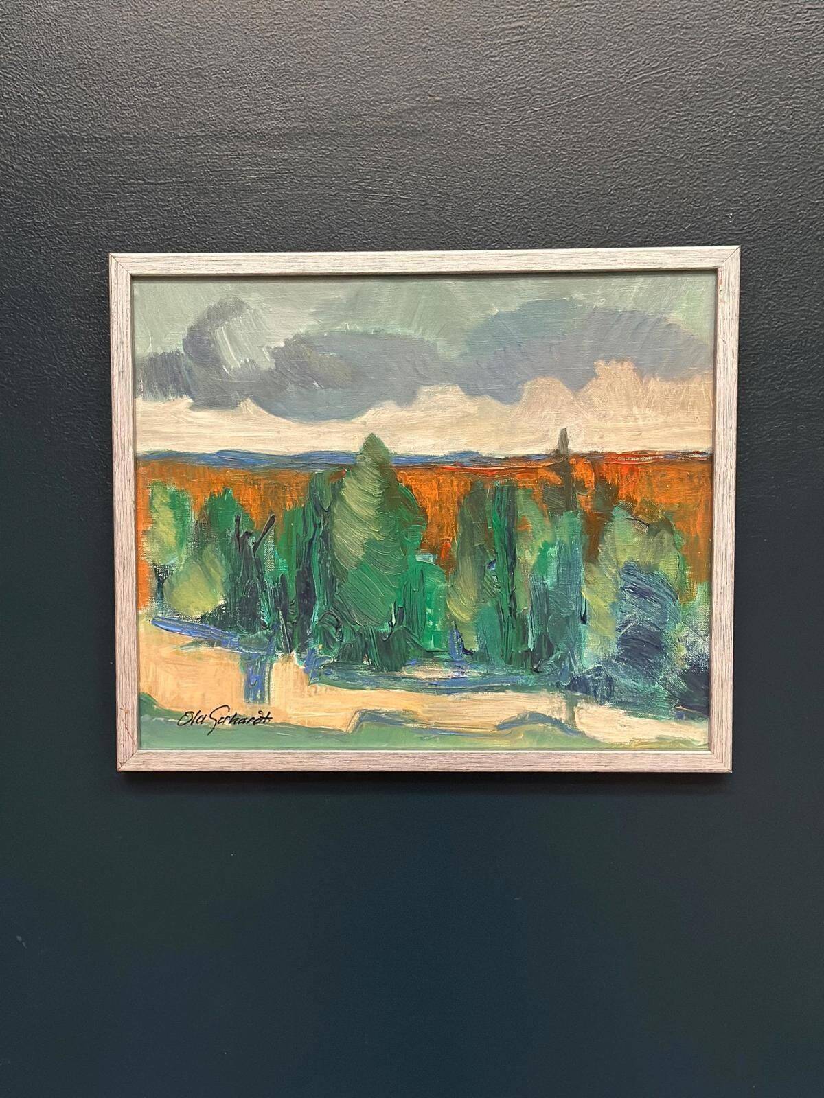 Huile sur toile originale suédoise – « Arbres » par Ola Gehardt – Vintage et encadrée
