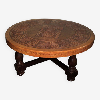 Circular coffee table with tooled leather top by Angel Pazmino for Muebles de Estilo, 1970s