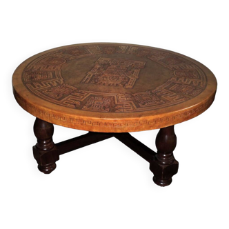 Circular coffee table with tooled leather top by Angel Pazmino for Muebles de Estilo, 1970s