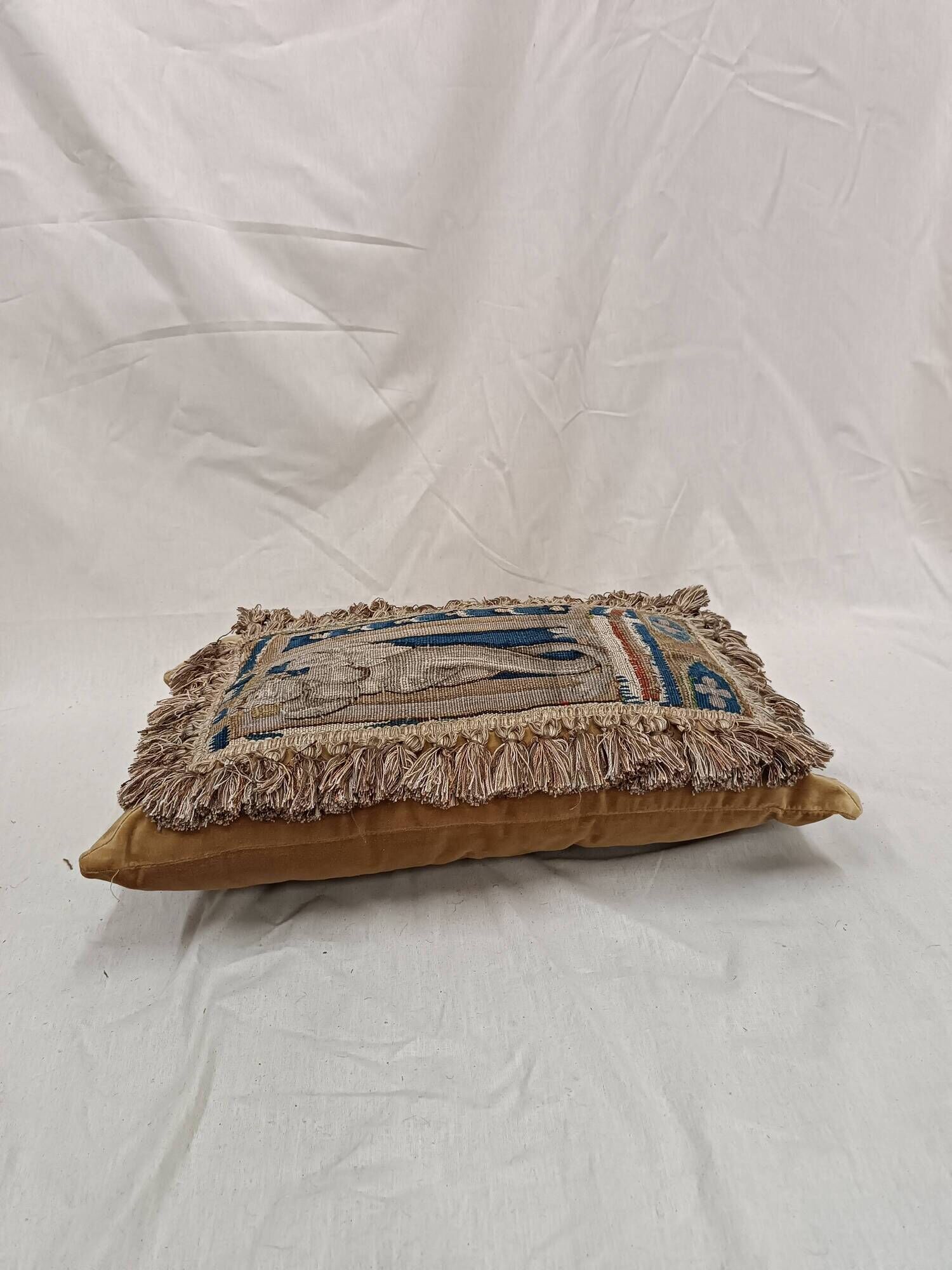 Rare 17th Century French Aubusson Tapestry Cushion with Figural Design & Tassels