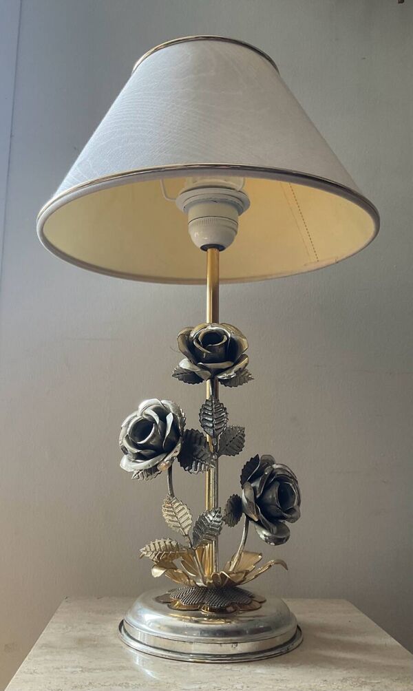 Lampe vintage Franco Italy fleurs en métal argentées et dorées