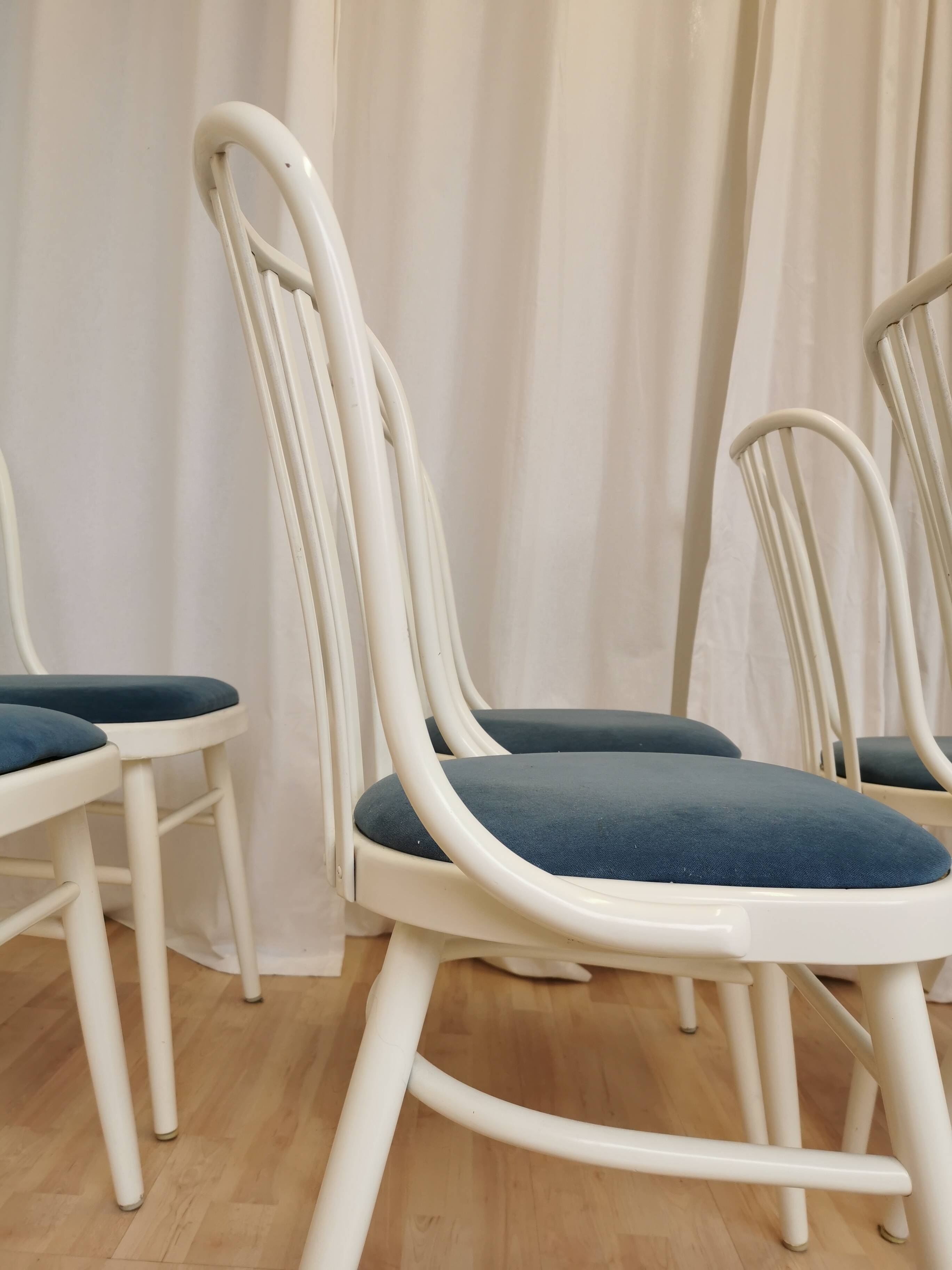 Set of 6 Vintage Bentwood Dining Chairs: White Ligna Style, Blue Fabric