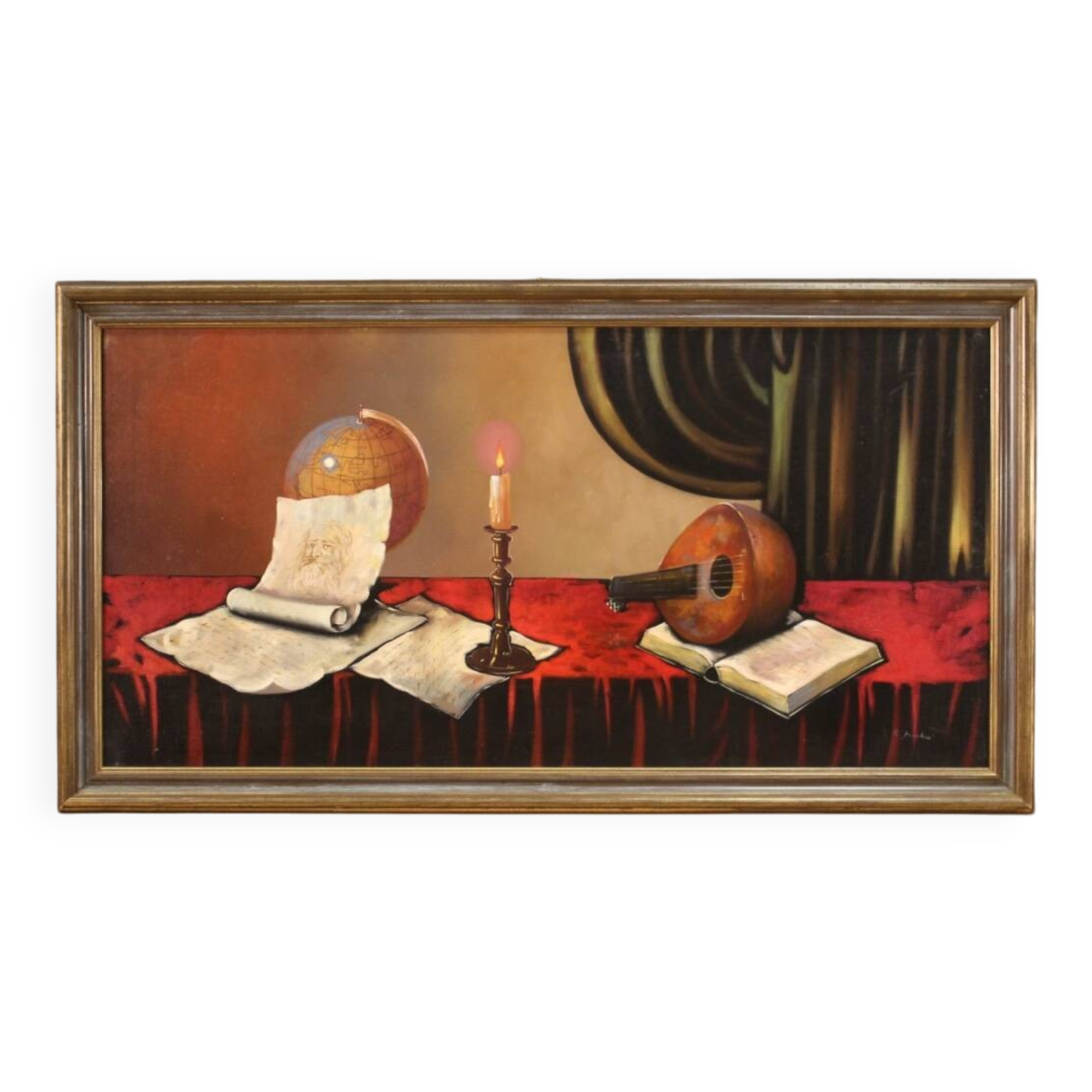 20th century Italian still life painting with musical instruments