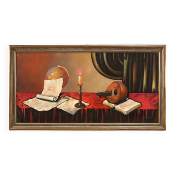 20th century Italian still life painting with musical instruments