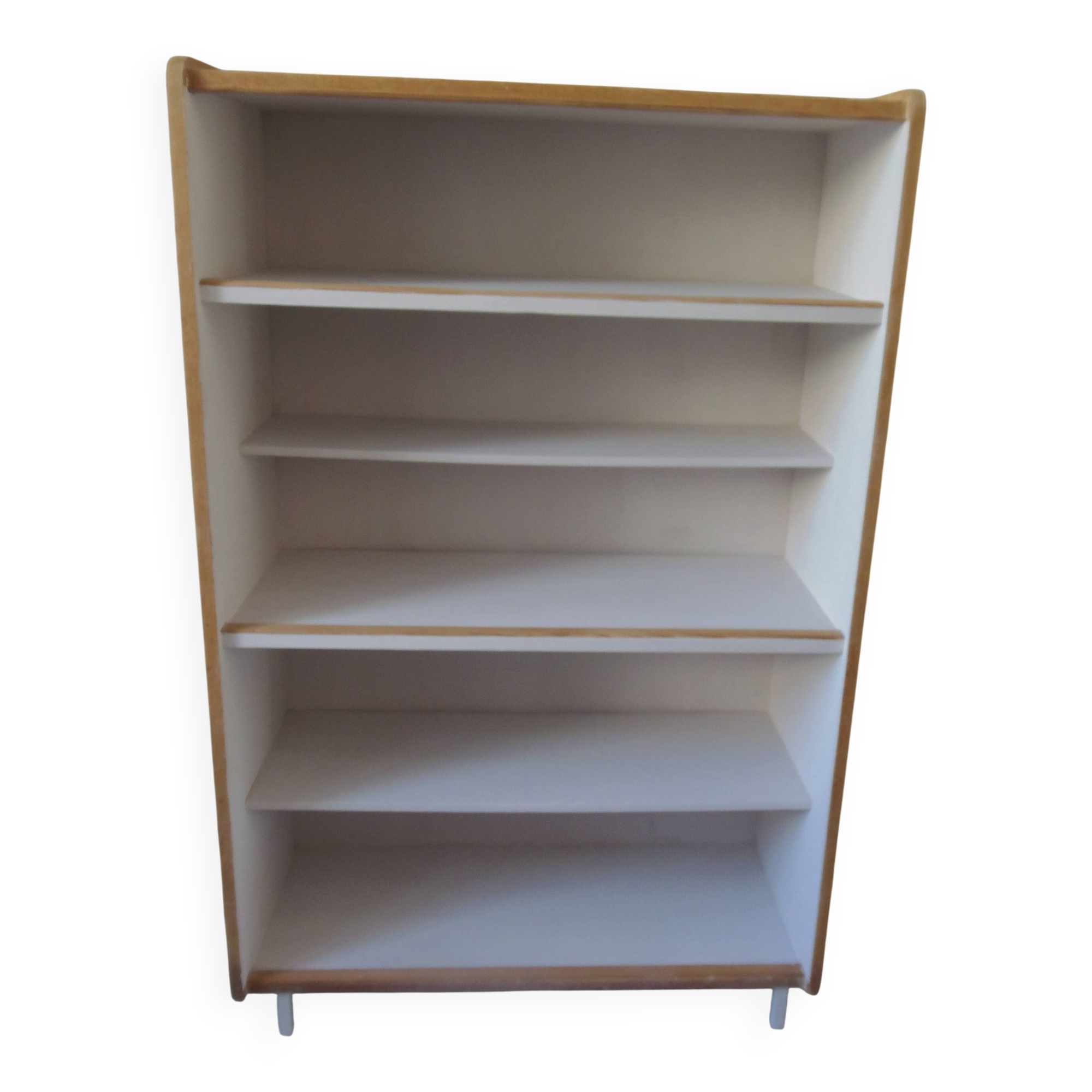 Vintage bookshelf in oak veneer, pearl grey interior, metal legs.