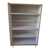 Vintage bookshelf in oak veneer, pearl grey interior, metal legs.