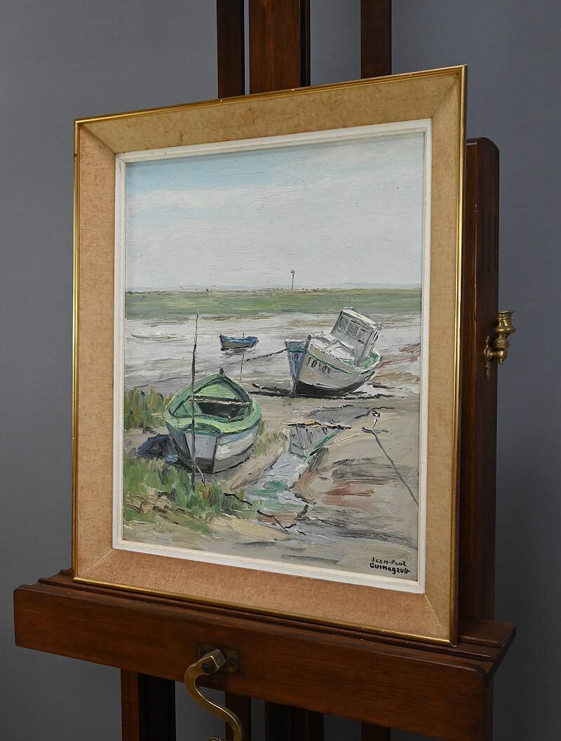 Painting “Boats at Low Tide”, signed J-P. Guinegault – 2nd part 20th century