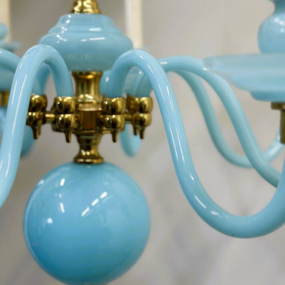 Statement French blue opaline glass chandelier with brass accents, 1960s