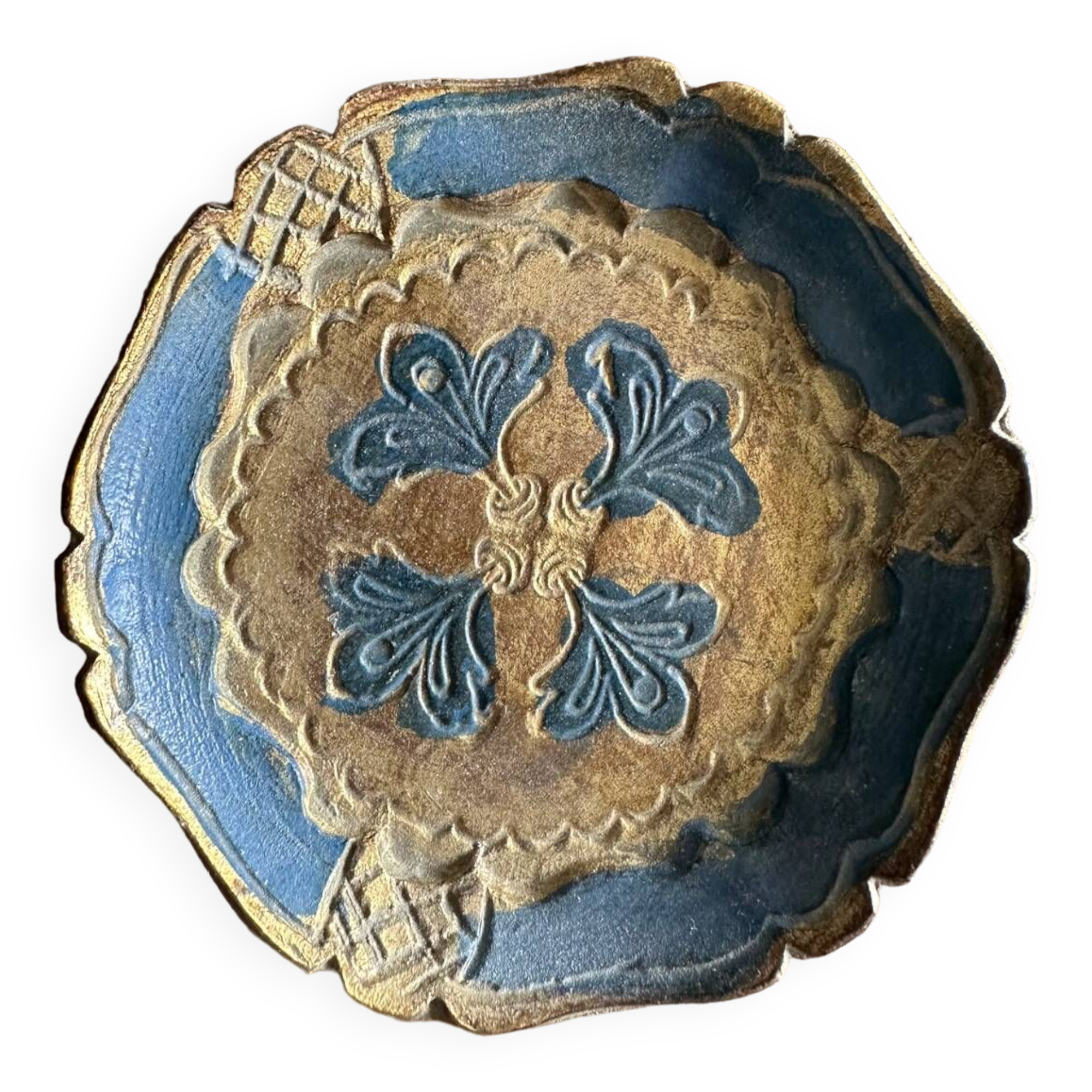 Vintage Florentine Coaster - Blue and Gold Wood (Diameter 10 cm)