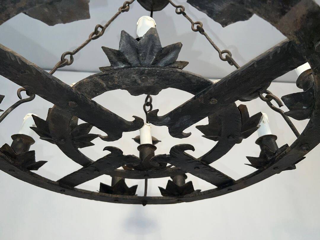 Wrought Iron Chandelier, 12 Lights, Gothic Style, French Work, circa 1