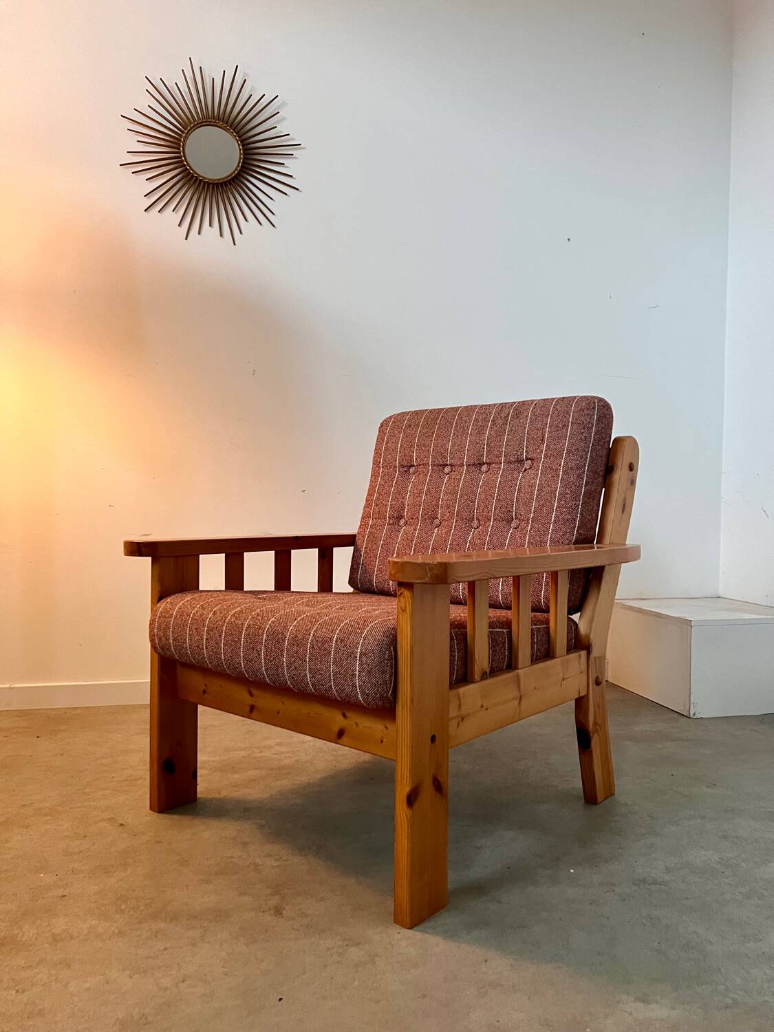 Old vintage Scandinavian design pine armchair from the 70s