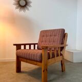Old vintage Scandinavian design pine armchair from the 70s