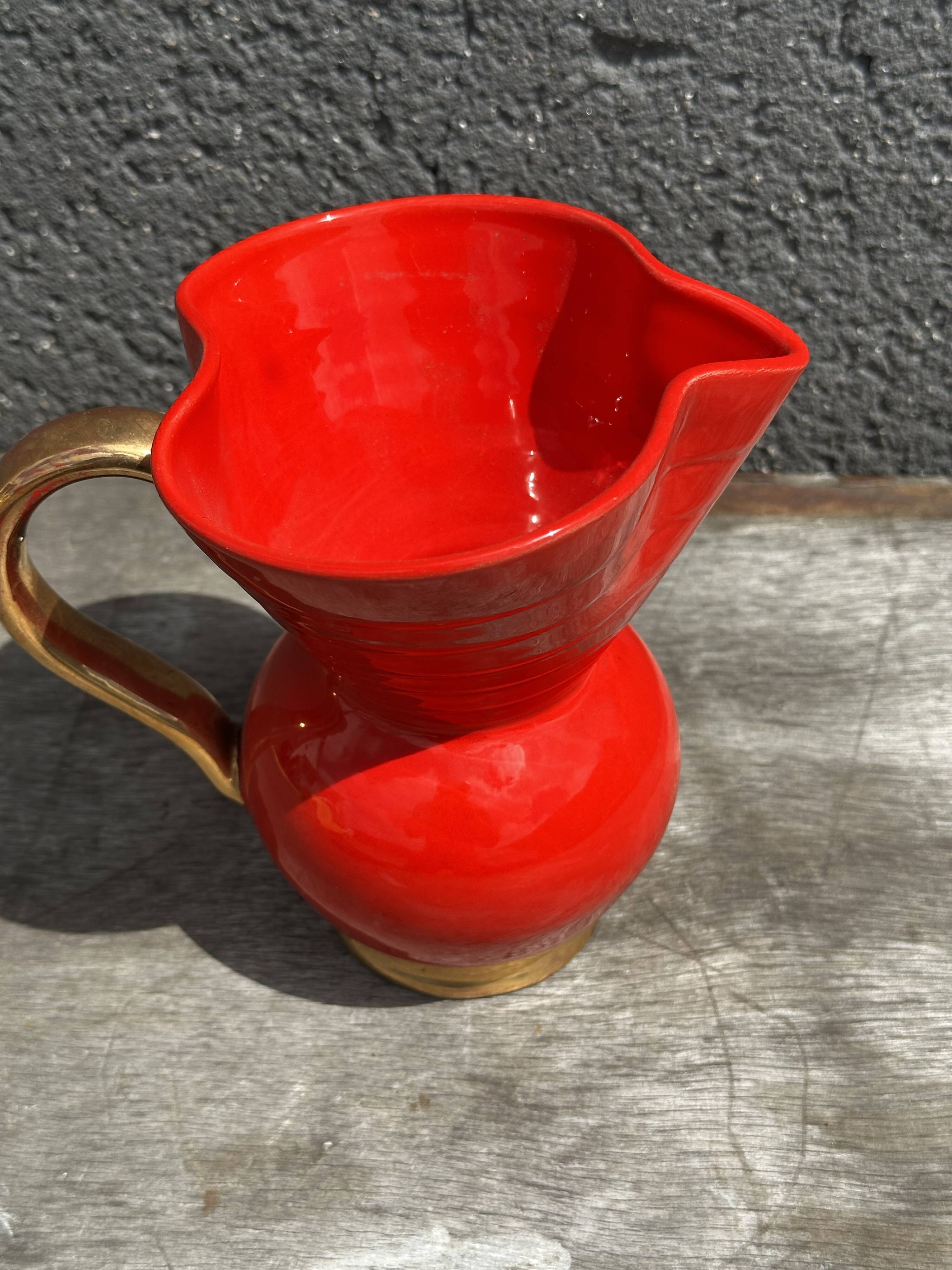 Red Pitcher Vase with Gold Accents Attributed to André Baud - Vallauris