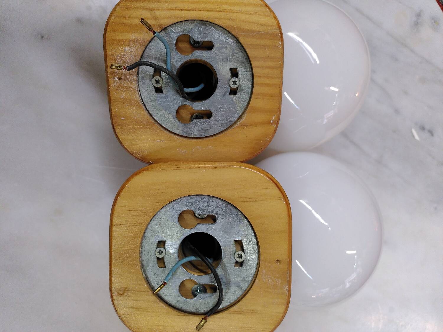 Pair of Scandinavian pine and opaline wall lights, 1980
