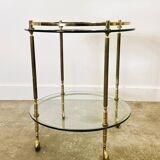 1970s mid-century modern Italian brass and glass round bar cart, Italy.