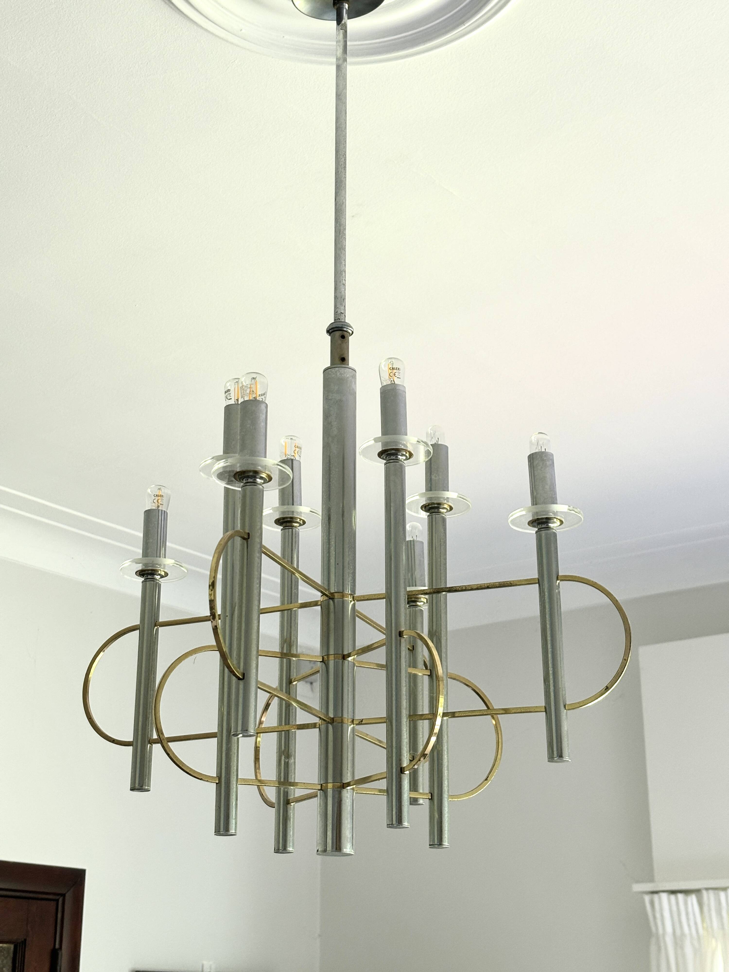 Brass and Chrome Sputnik Chandelier by Sciolari, Italy, 1960s