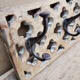 teak wall coat rack with 7 double cast iron hooks