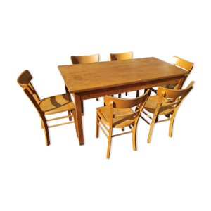 ensemble de 6 chaises avec 1 table de bistrot ferme en bois Année  50 - 60